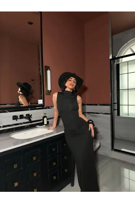 Korseli Balenli Maxi Boy Elbise Siyah