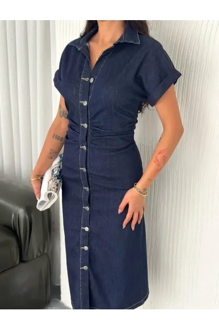 Koyu Lacivert Düğmeli Midi Boy Jean Elbise