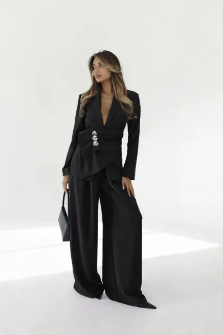 Kruvaze Yaka Taş Detaylı Ceket Pantalon Premium Takım Siyah