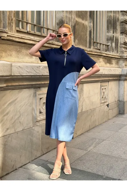 Lacivert Fermuar Detay Modal ve Tensel Kumaş Elbise