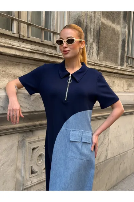 Lacivert Fermuar Detay Modal ve Tensel Kumaş Elbise