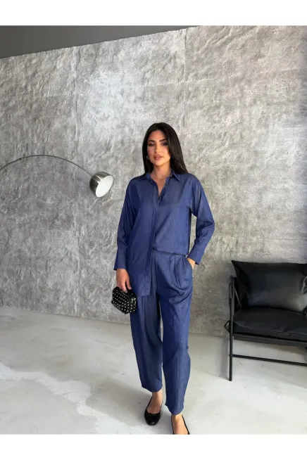 Lacivert Tensel Gömlek ve Pantalon Alt Üst Takım