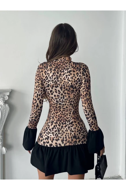 Leopar Etekleri Fırfır Detay Elbise