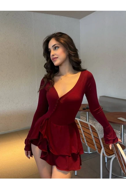 Likralı Modal Kumaş Şortlu Mini Elbise Bordo