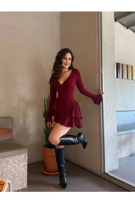 Likralı Modal Kumaş Şortlu Mini Elbise Bordo