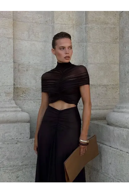 Likralı Tül Kumaş Astarlı Drape Detay Maxi Boy Elbise