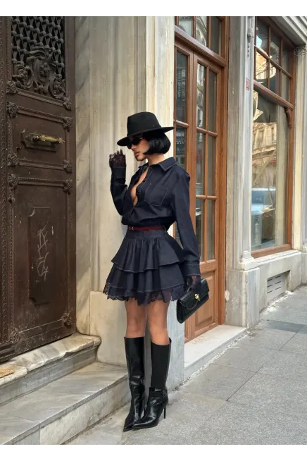 Likrasız Dantel Detaylı Denim Elbise