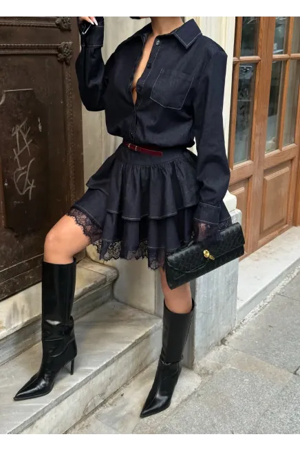 Likrasız Dantel Detaylı Denim Elbise