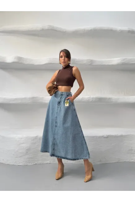 Likrasız Denim Çan Etek