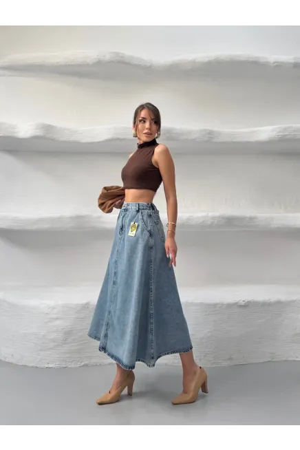 Likrasız Denim Çan Etek