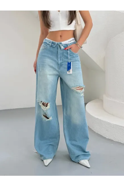Likrasız Katlama Kemer Wide Leg Jeans