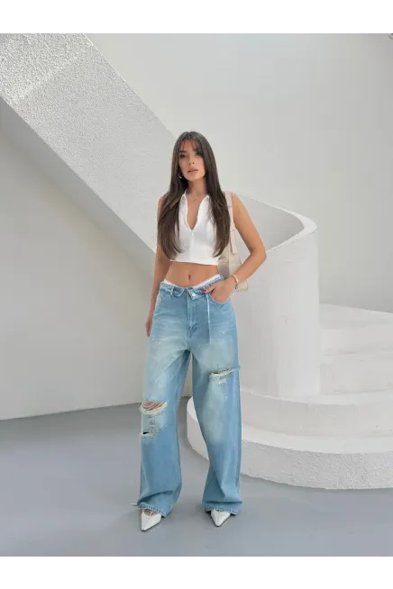 Likrasız Katlama Kemer Wide Leg Jeans