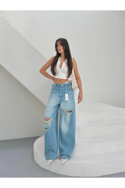 Likrasız Katlama Kemer Wide Leg Jeans