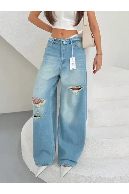 Likrasız Katlama Kemer Wide Leg Jeans