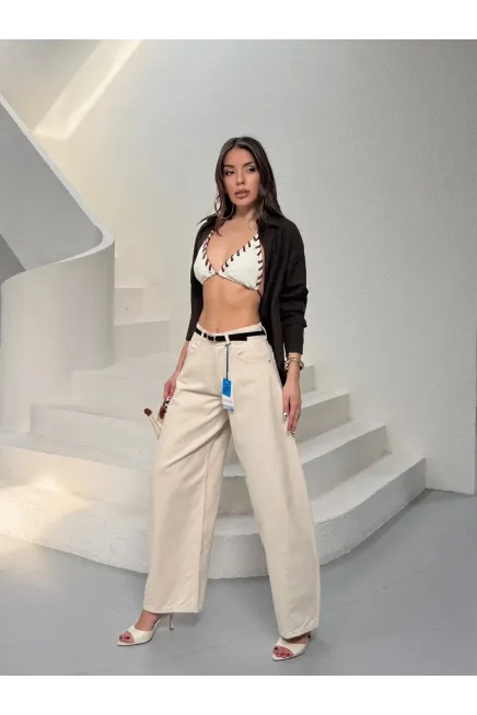Likrasız Kemerli Balon Jean Pantalon