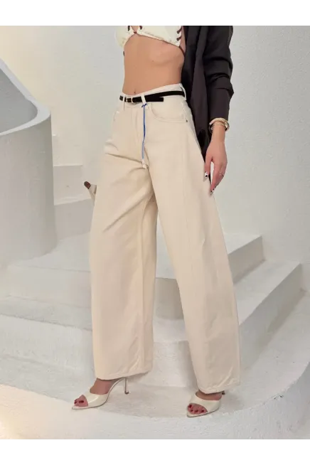 Likrasız Kemerli Balon Jean Pantalon