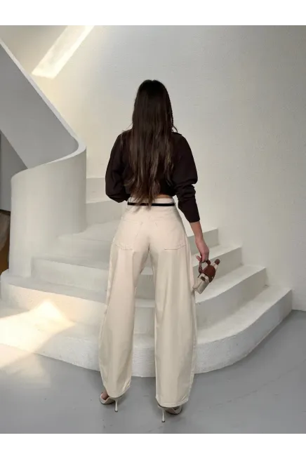 Likrasız Kemerli Balon Jean Pantalon
