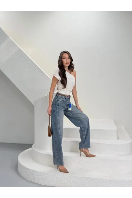 Likrasız Kemerli Balon Jeans