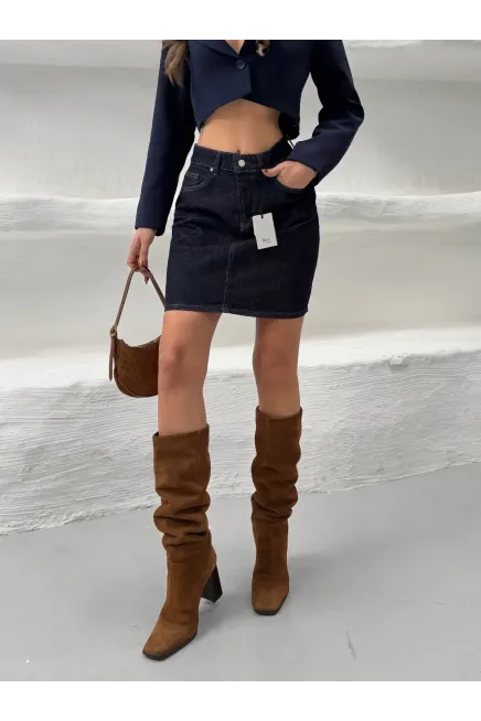 Likrasız Mini Jean Etek Lacivert