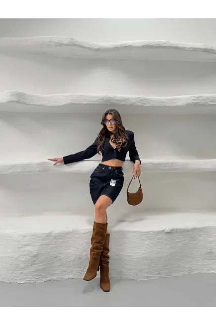 Likrasız Mini Jean Etek Lacivert