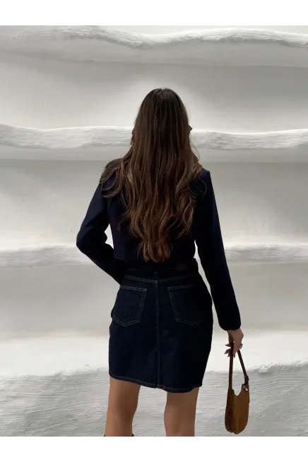 Likrasız Mini Jean Etek Lacivert