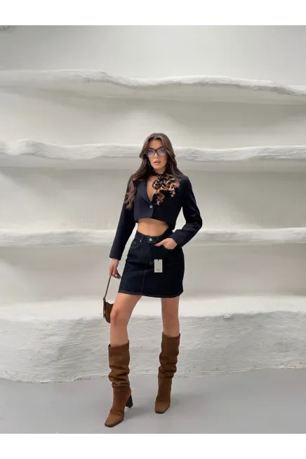 Likrasız Mini Jean Etek Lacivert