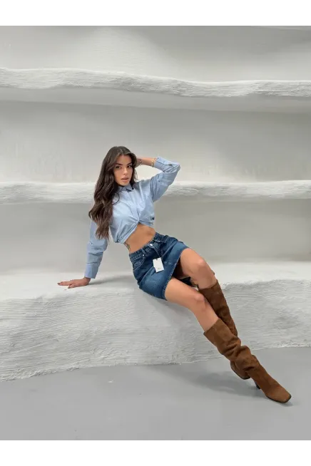 Likrasız Mini Jean Etek Mavi