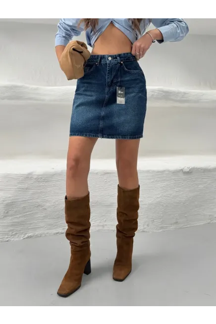 Likrasız Mini Jean Etek Mavi
