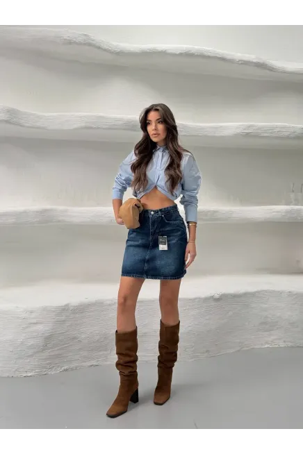 Likrasız Mini Jean Etek Mavi