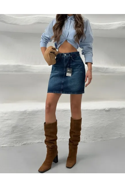 Likrasız Mini Jean Etek Mavi
