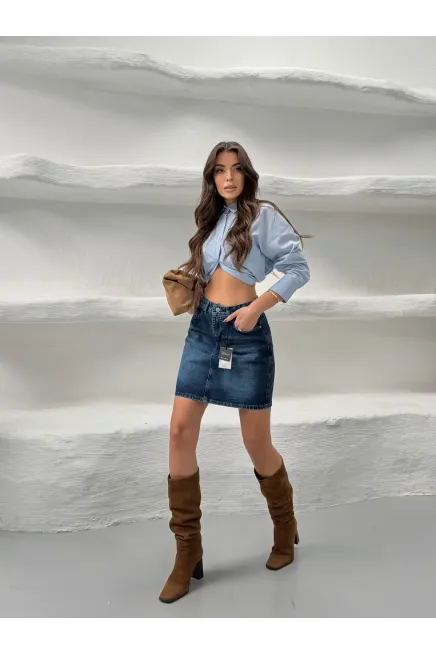 Likrasız Mini Jean Etek Mavi