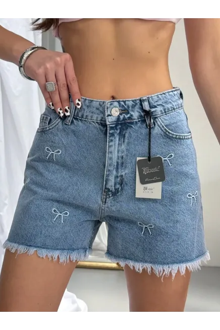 Likrasız Nakışlı Jeans Şort
