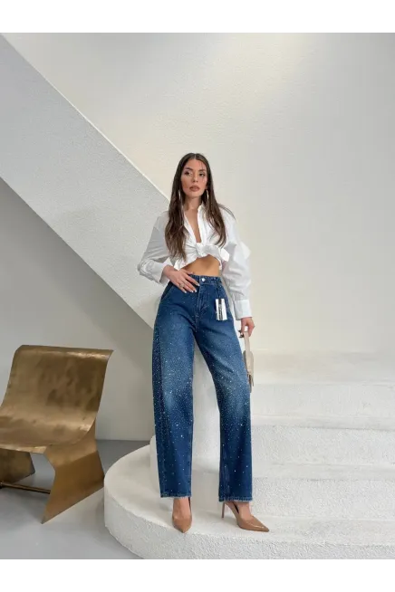 Likrasız Taşlı Balon Jean
