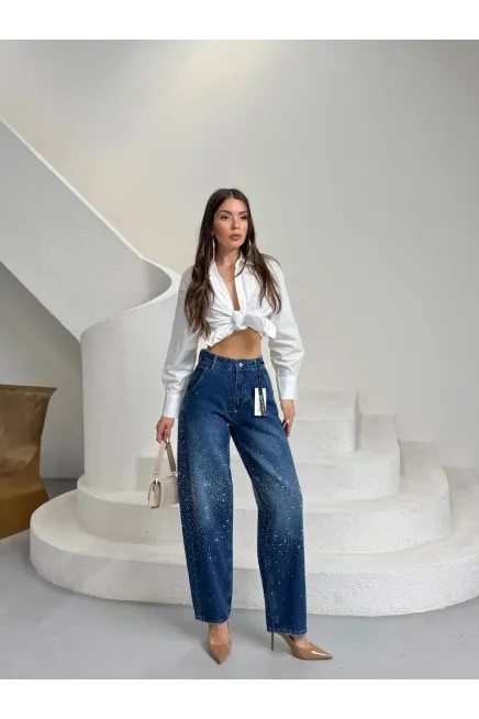 Likrasız Taşlı Balon Jean
