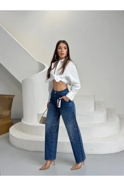 Likrasız Taşlı Balon Jean