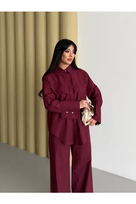Manşet Detay Gömlek ve Pantalon Takım Bordo