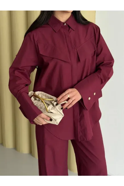 Manşet Detay Gömlek ve Pantalon Takım Bordo