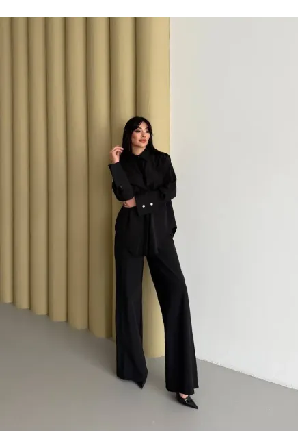 Manşet Detay Gömlek ve Pantalon Takım Siyah