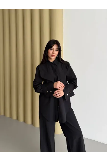 Manşet Detay Gömlek ve Pantalon Takım Siyah