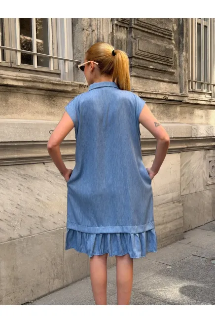 Mavi Düğmeli Tensel Elbise