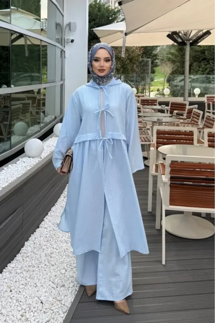 Mavi Önden Bağlamalı Keten Takım