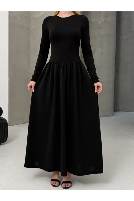 Maxi Boy Etek Kısmı Dokuma Poplin Kloş Üst Kısmı Esnek Viskon Siyah Elbise