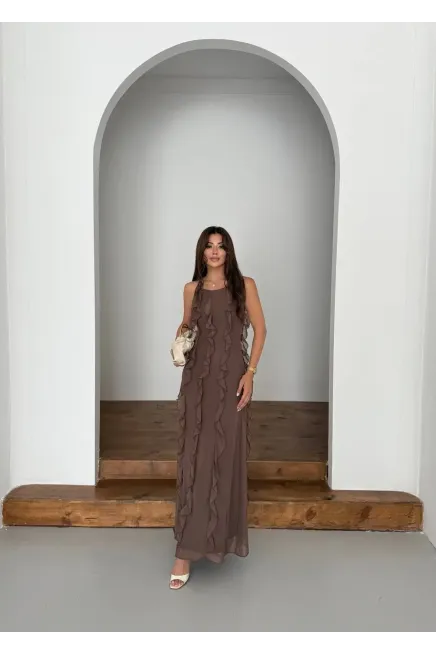 Maxi Boy Fırfır Detaylı Şifon Elbise