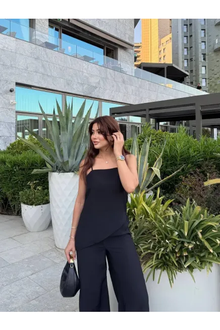 Modal Kumaş Asimetreik Kesim Alt Üst Takım Siyah