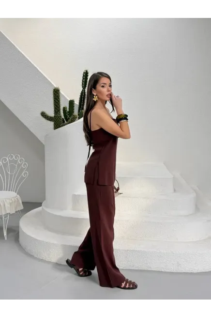 Modal Kumaş Askılı Bluz Alt Üst Takım Kahve