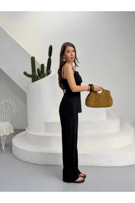 Modal Kumaş Askılı Bluz Alt Üst Takım Siyah