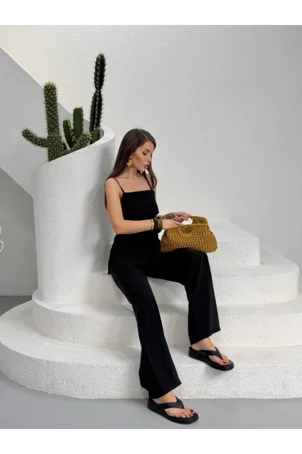 Modal Kumaş Askılı Bluz Alt Üst Takım Siyah