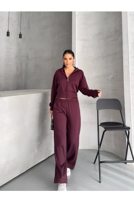 Modal Kumaş Crop Üst Eşofman Takım Bordo