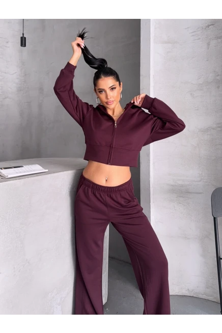 Modal Kumaş Crop Üst Eşofman Takım Bordo