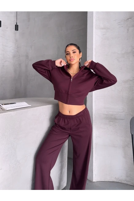 Modal Kumaş Crop Üst Eşofman Takım Bordo